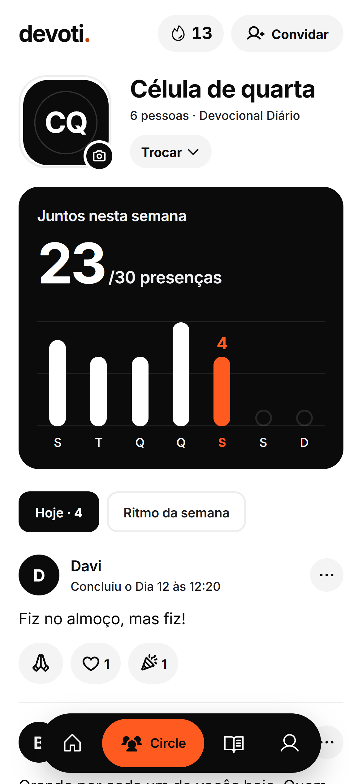 A tela do Circle Célula de quarta: juntos nesta semana, 23 de 30 presenças, e os check-ins de hoje de Davi e Bia.