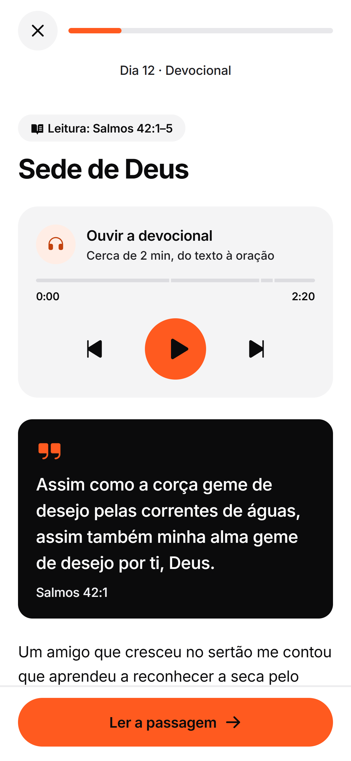 A devocional do dia no Devoti: o título "Sede de Deus", o player para ouvir e o versículo de Salmos 42.