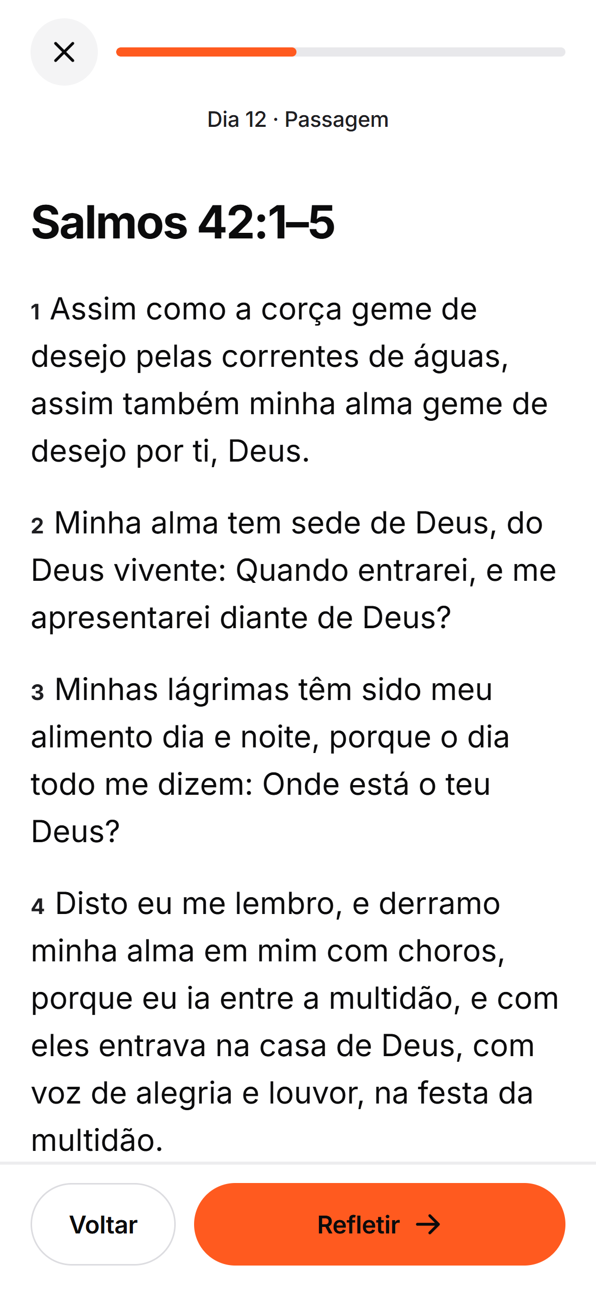 A passagem de Salmos 42, versículos 1 a 5, na tela de leitura do Devoti.